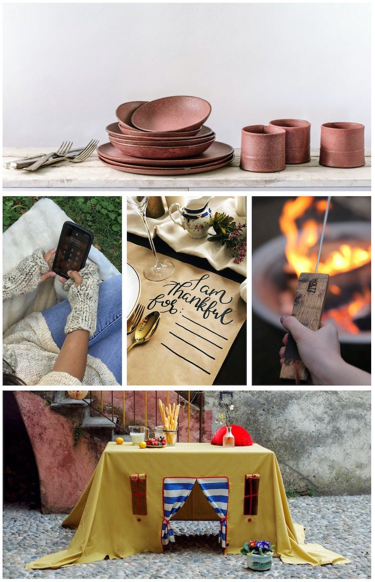 Holiday tablecloth, knit mittens, personalized placemat, s'mores holder, and ceramic dishware from Etsy