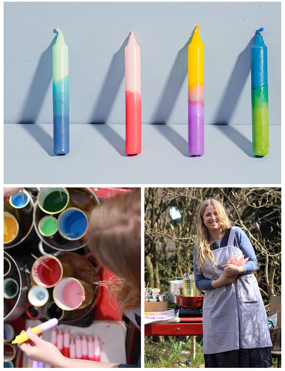 A collage of three images. Clockwise from top: four dip-dyed candles in rainbow colors; the maker; a work-in-progress photo of the maker dipping her candles in bright wax.