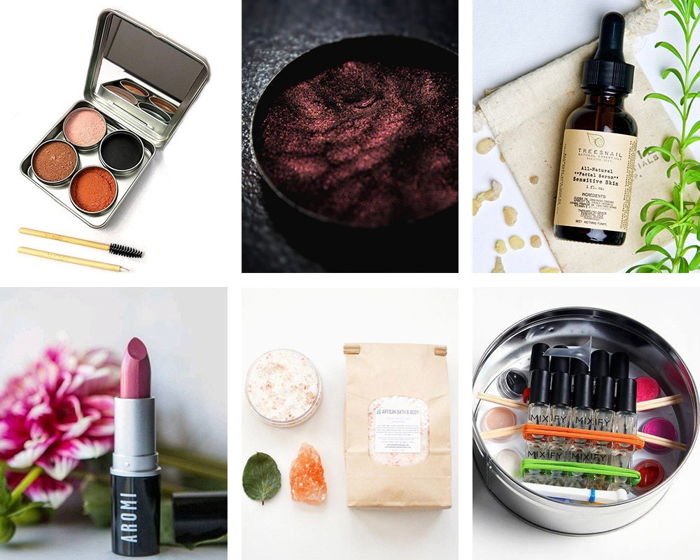 A collage of bespoke beauty products available on Etsy.