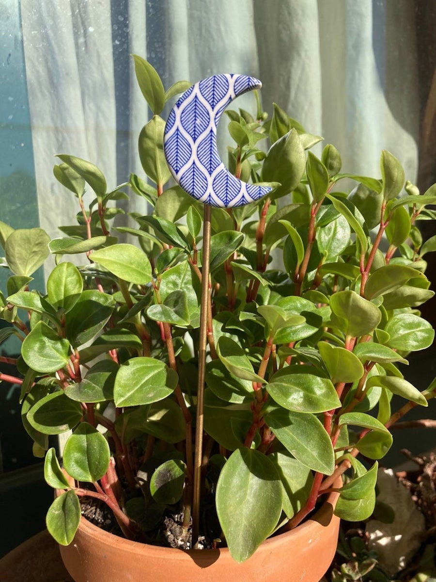 Crescent moon plant stake from Karing Vibes, on sale for summer at Etsy