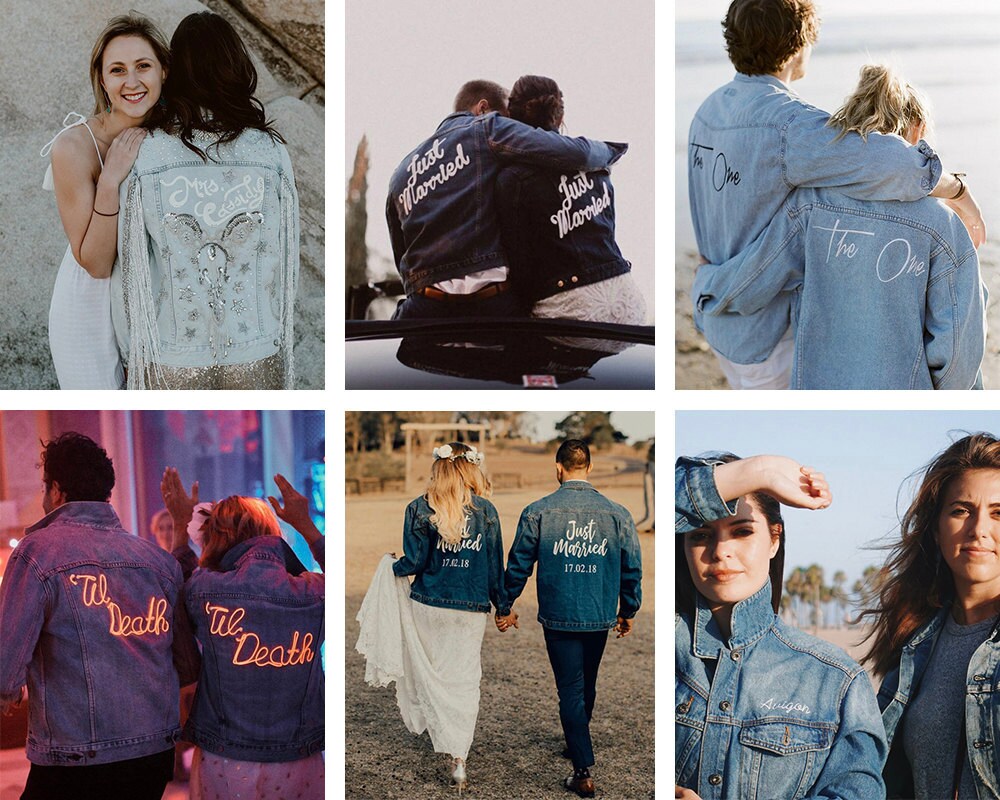 A collage of couples' matching wedding jackets available on Etsy.