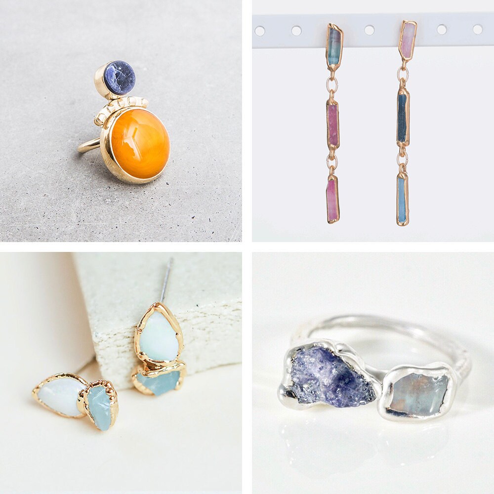 A collage of dual stone jewelry from Etsy