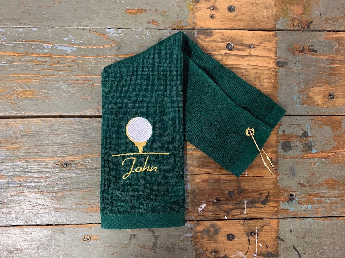 Custom embroidered terry golf towel from Tango Graphics, and other personalized Father's Day gifts from Etsy