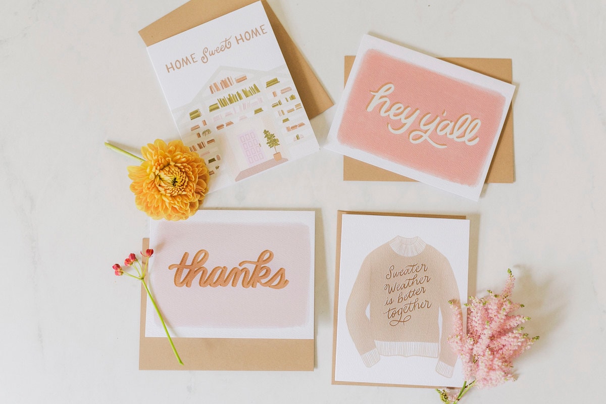 Assorted greeting cards from the A Beautiful Mess x Etsy collection