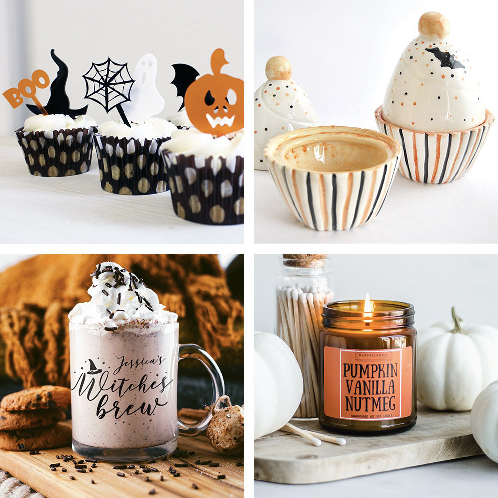 A collage of Halloween table settings available on Etsy.