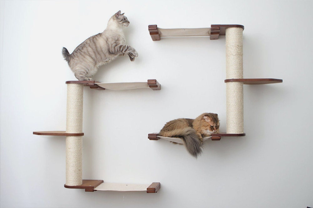 A wall-mounted modular cat furniture system from CatastrophiCreations