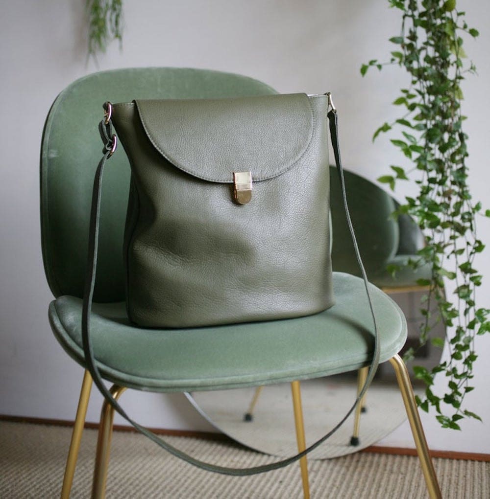 An olive green bucket bag from Alex Bender