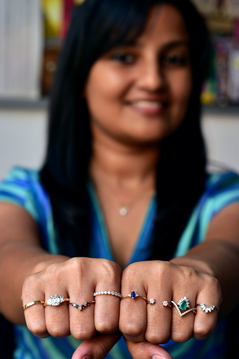 Madhulika models an assortment of Abhika Jewels rings on her fingers