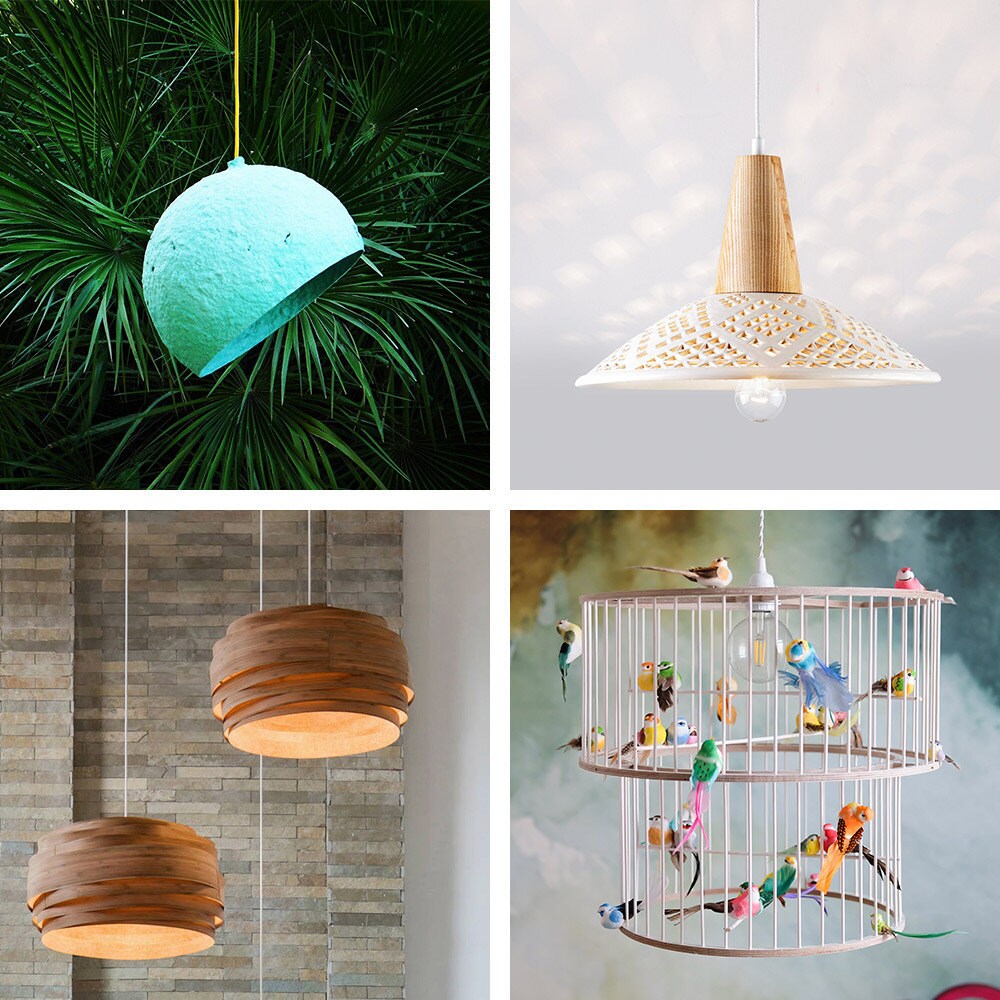 An assortment of ceiling lights with statement-making shades available on Etsy