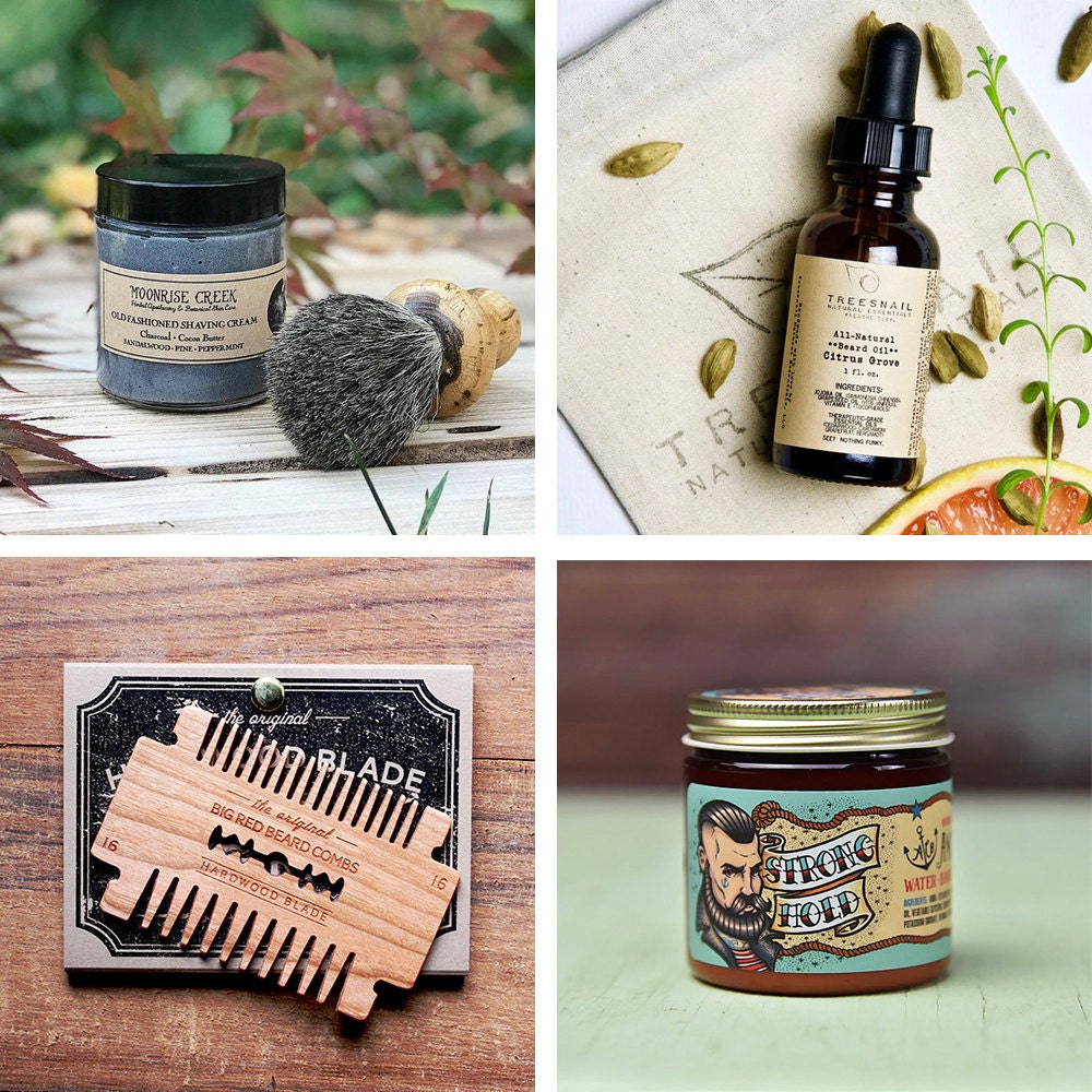 A collage of men's grooming items from Etsy