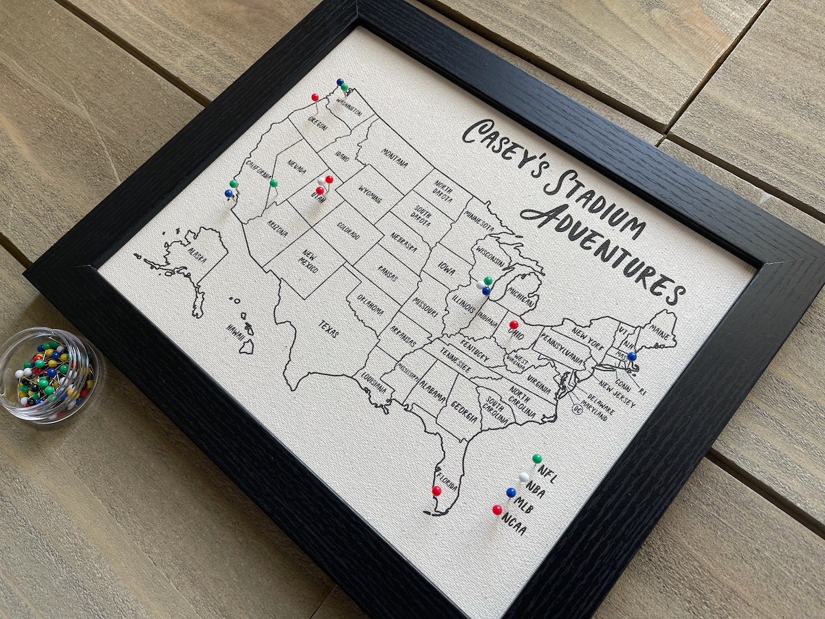 Custom push pin travel map from Penny Bee Art, and other personalized Father's Day gifts from Etsy