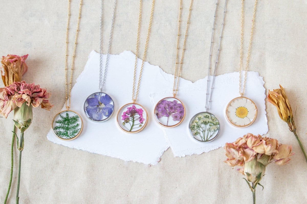 Pressed flower necklace from Emery and Opal, on Etsy
