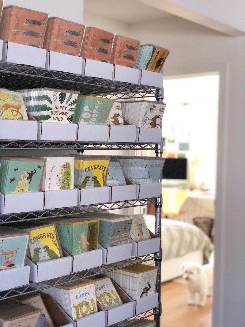 A rack of cards in the Yeppie Paper studio