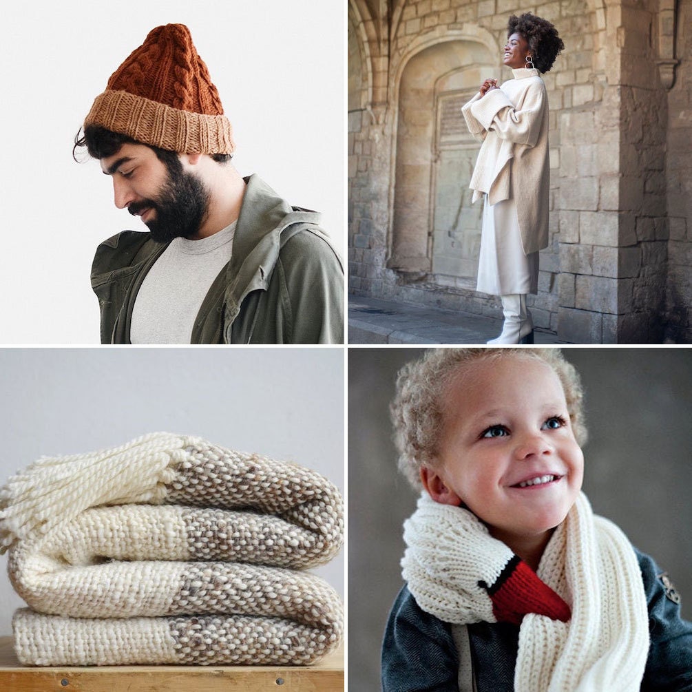 Collage of chunky knit items from Etsy: a beanie, a turtleneck, a bird-shaped scarf, and a throw blanket