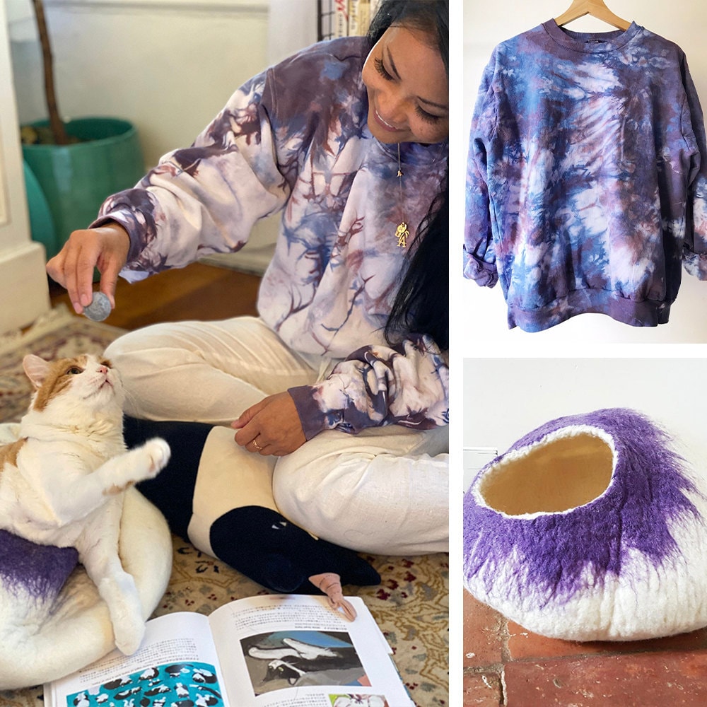 A collage of a woman and her cat modeling a matching tie-dye sweatshirt and purple cat bed.