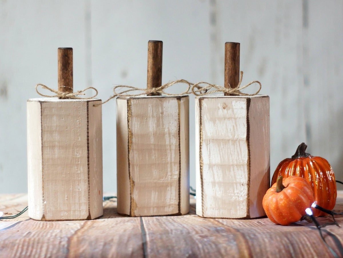 Trio of distressed white pumpkins from GFT Woodcraft