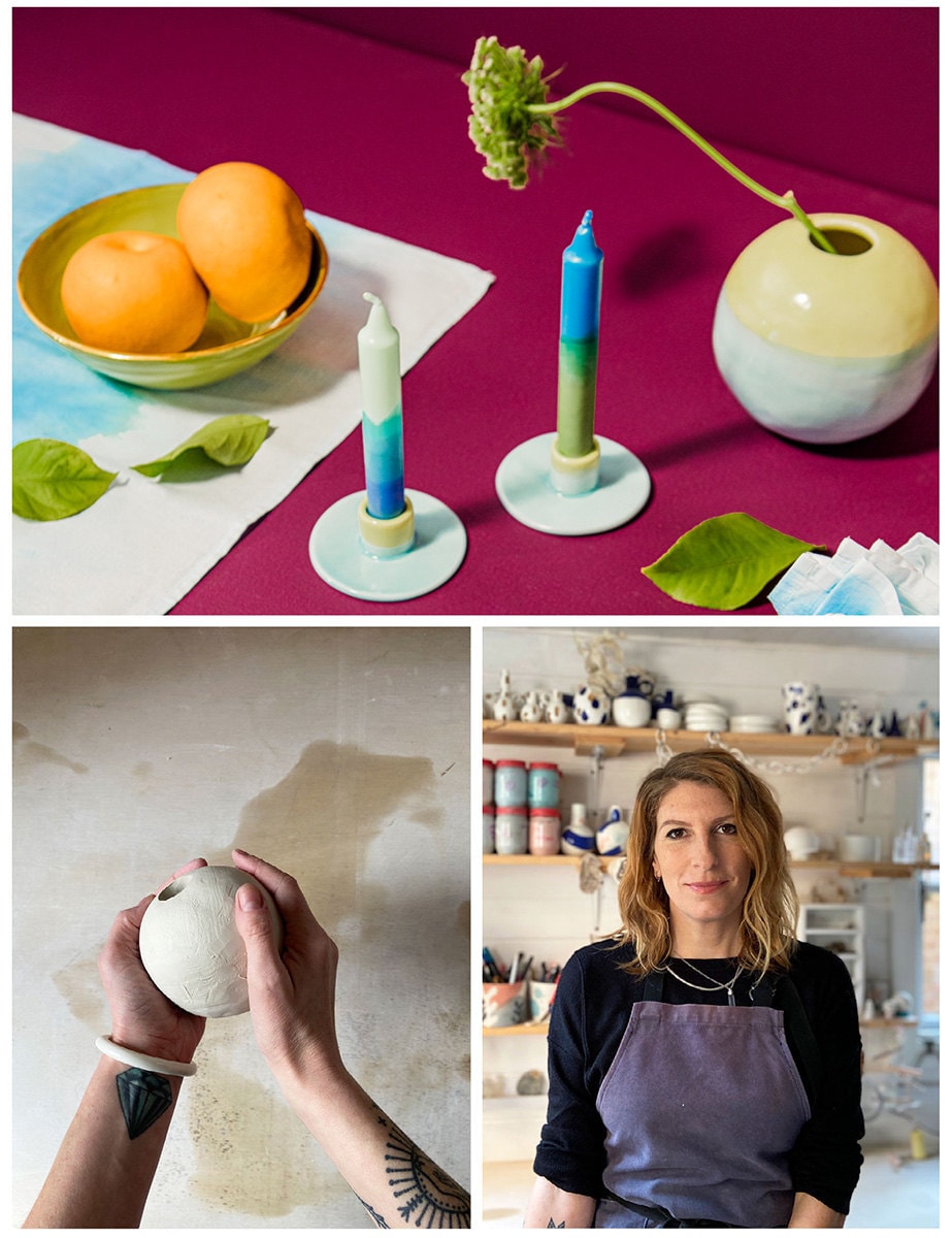 A collage of three images. Clockwise from top: Ceramic candlestick holders and vases; the maker in their studio, a work-in-progress shot.