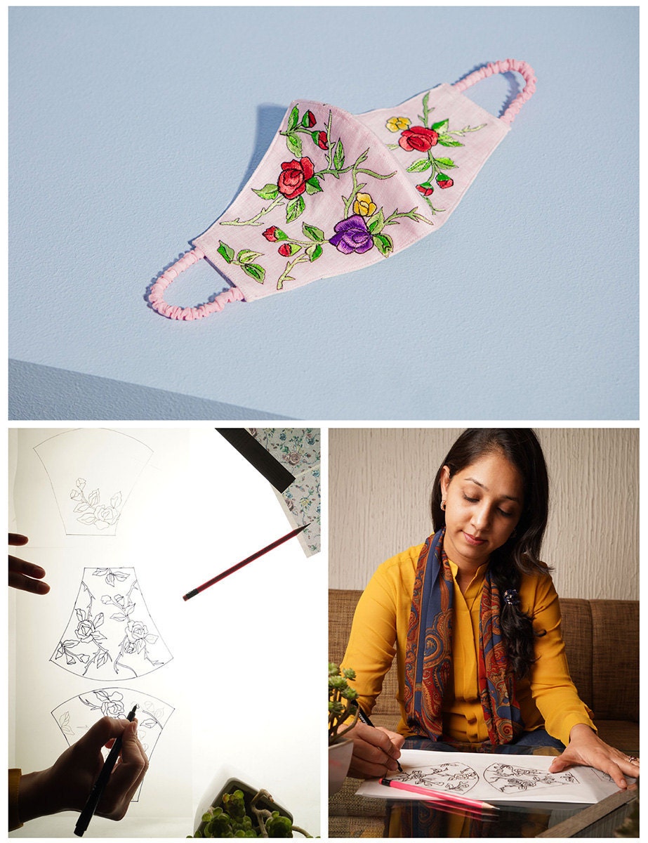 A collage of three images. Clockwise from top: a pink mask with embroidered flowers; the maker sketching the mask; the maker perfecting designs on a backlit lightbox.