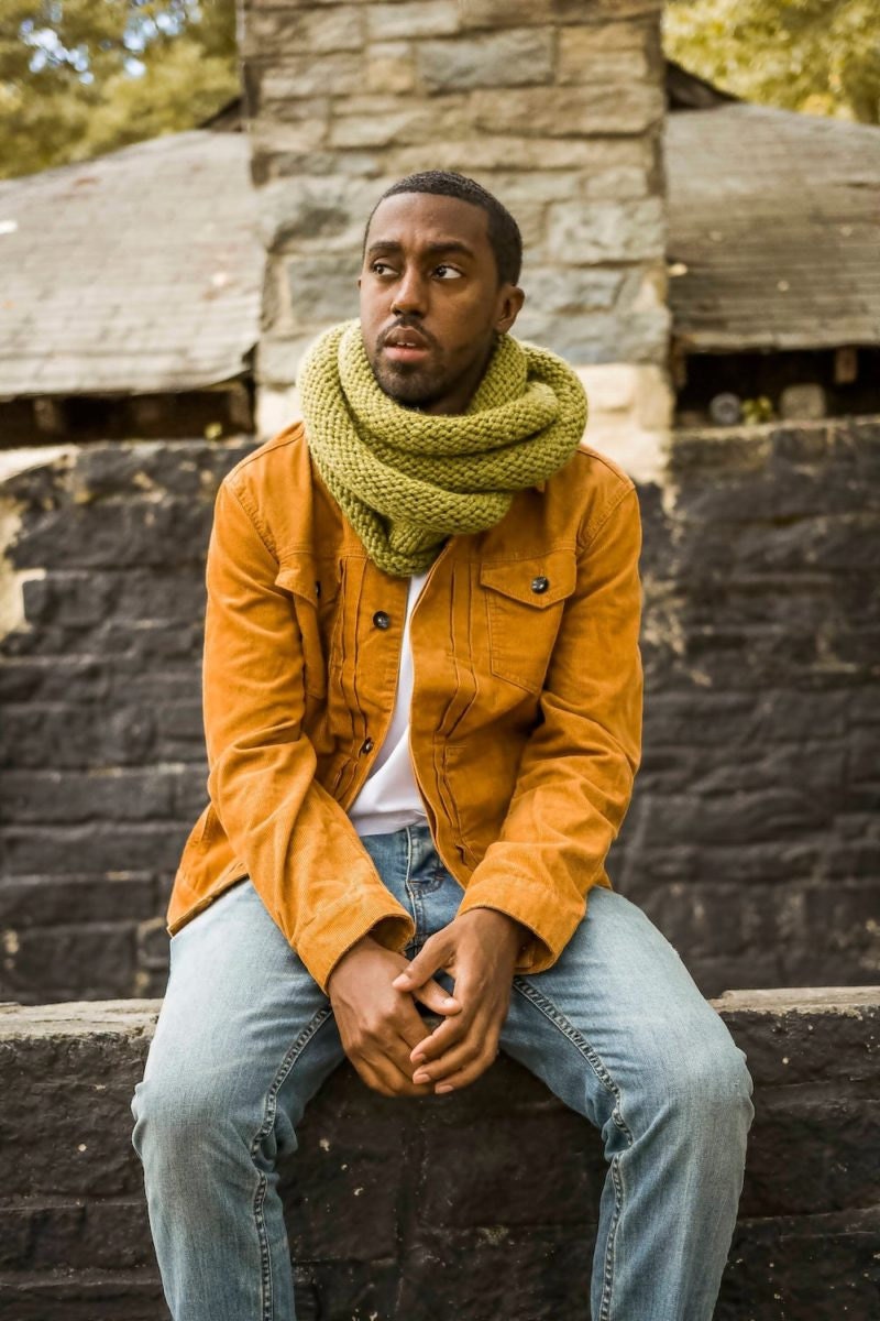 Nathan models his infinity scarf