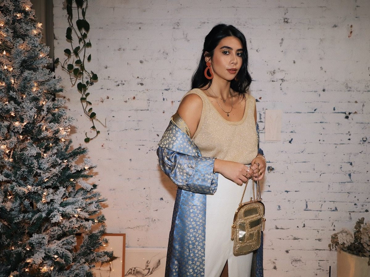 Tara Mazuki wears a festive holiday party outfit from Etsy