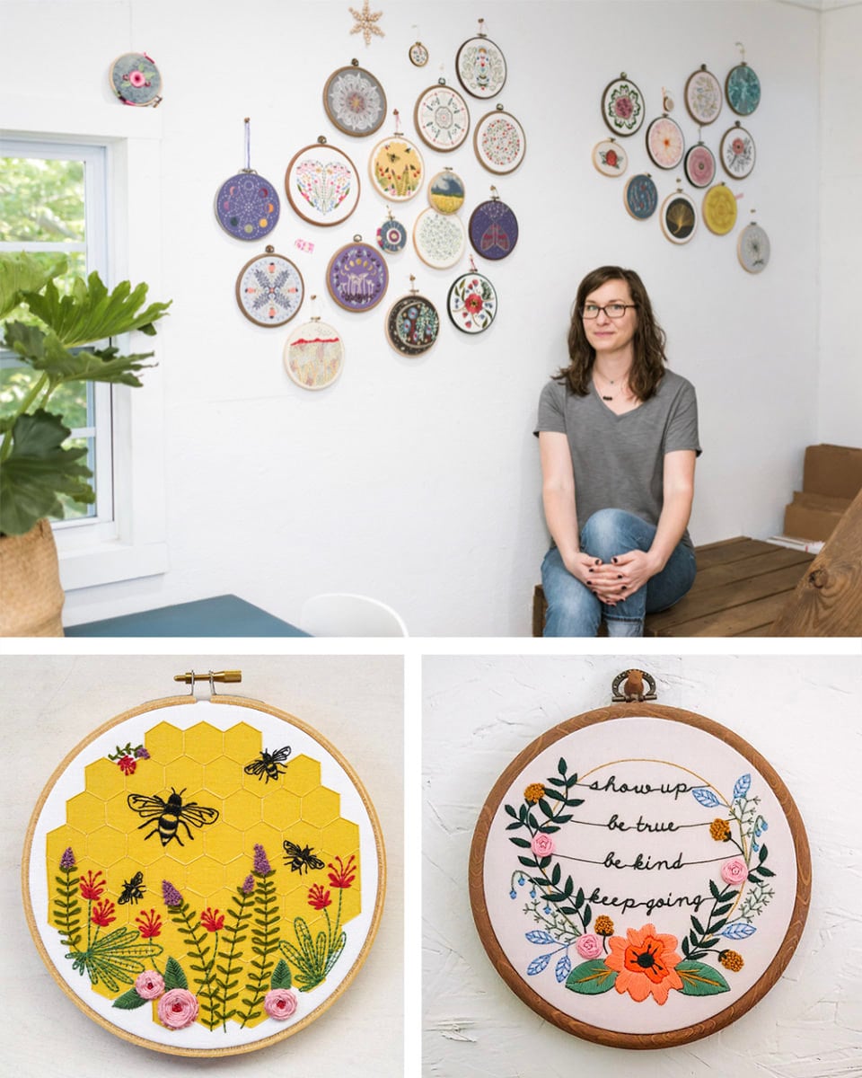 A portrait of DIY embroidery kit designer Liz Stiglets collaged with two completed hoops from the Cozy Blue collection