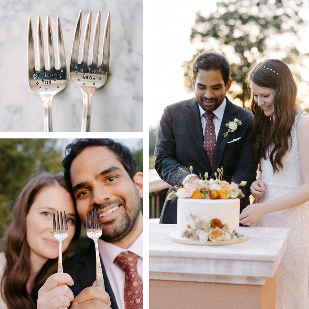 A collage of Megan and Imran's custom cake forks, available to purchase on Etsy.