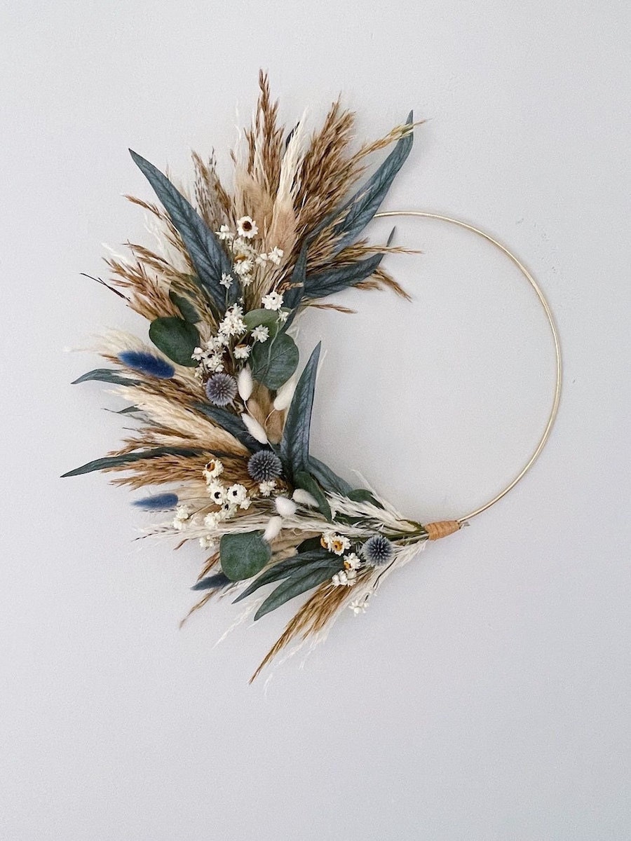 blue and brown grass wreath for fall