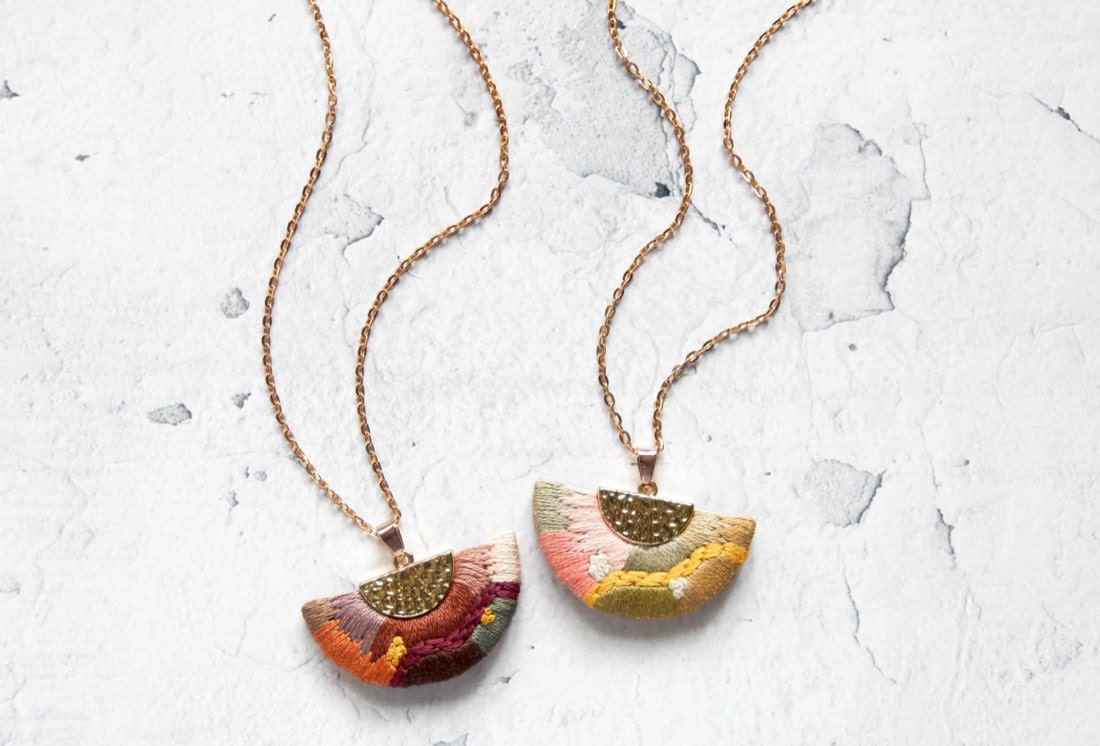 Embroidered abstract pendant necklaces from Thursday Craft Love