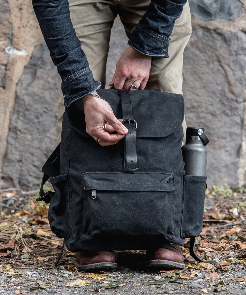 A waxed canvas backpack from Peg and Awl