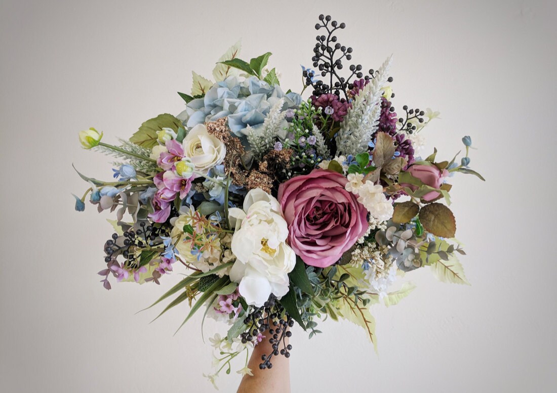 An example of an elegant pink and blue silk bouquet from The Faux Bouquets