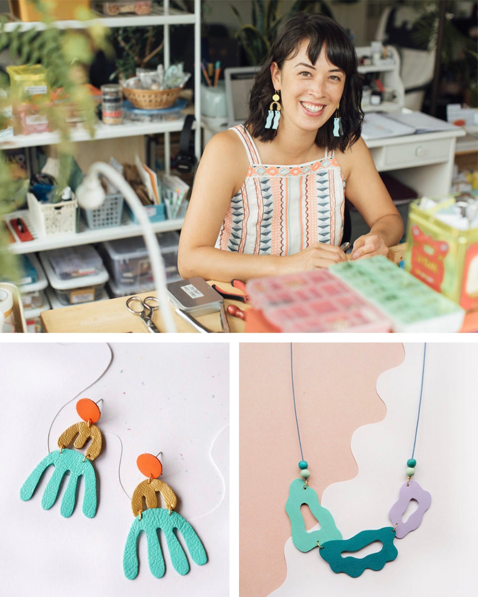 Portrait of jewelry designer Jamie Carlson collaged with a few of her colorful statement pieces created from reclaimed leather.