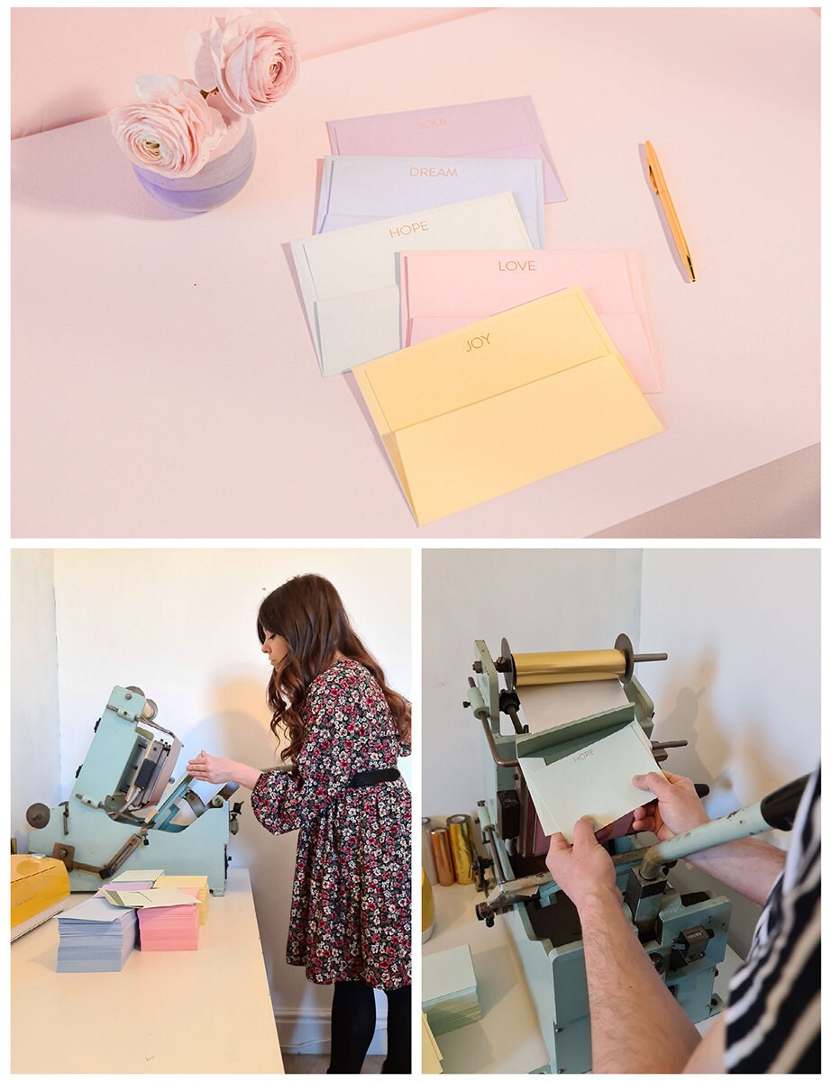 A collage of three images. From top: pastel notecards; a work-in-progress shot of how they're made; the maker.