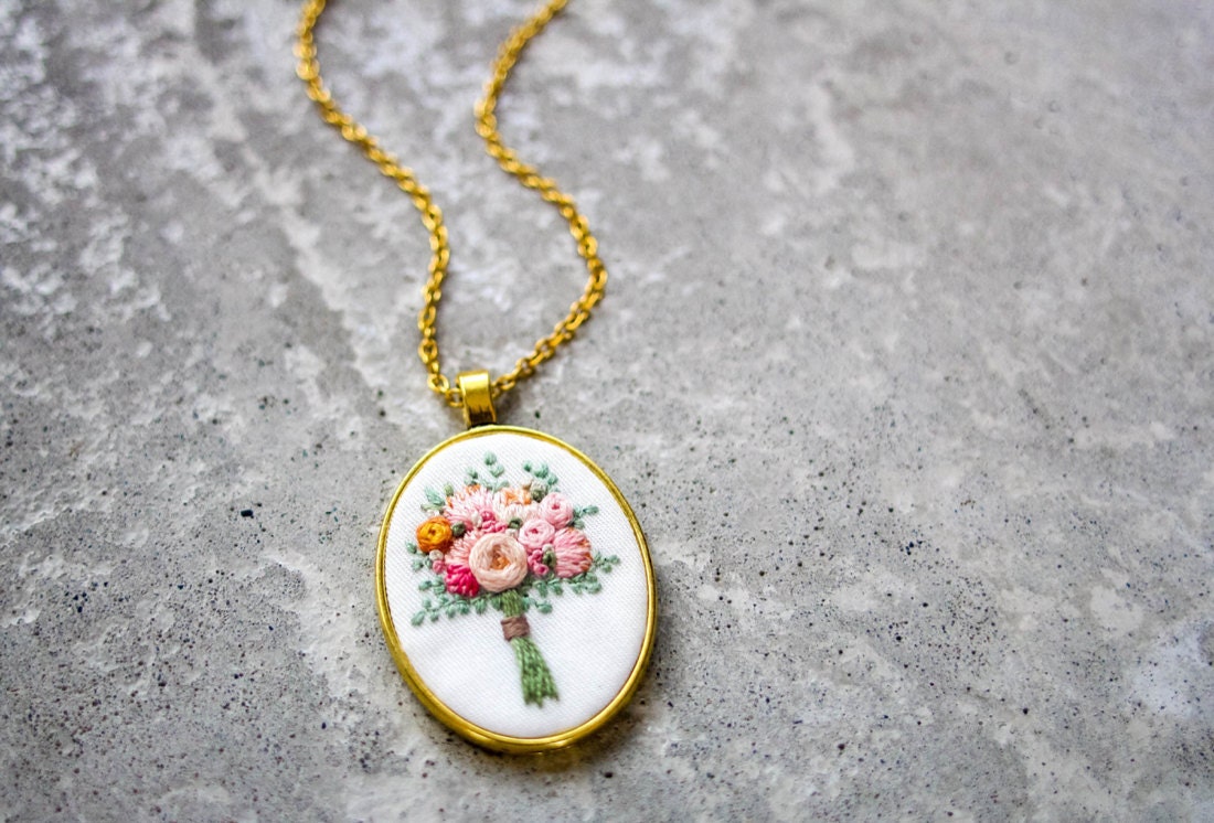 Embroidered bouquet pendant necklace from Thursday Craft Love