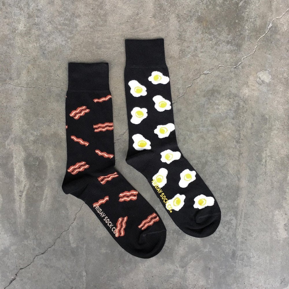 Mismatched fall fashion eggs and bacon socks from Friday Sock Co.