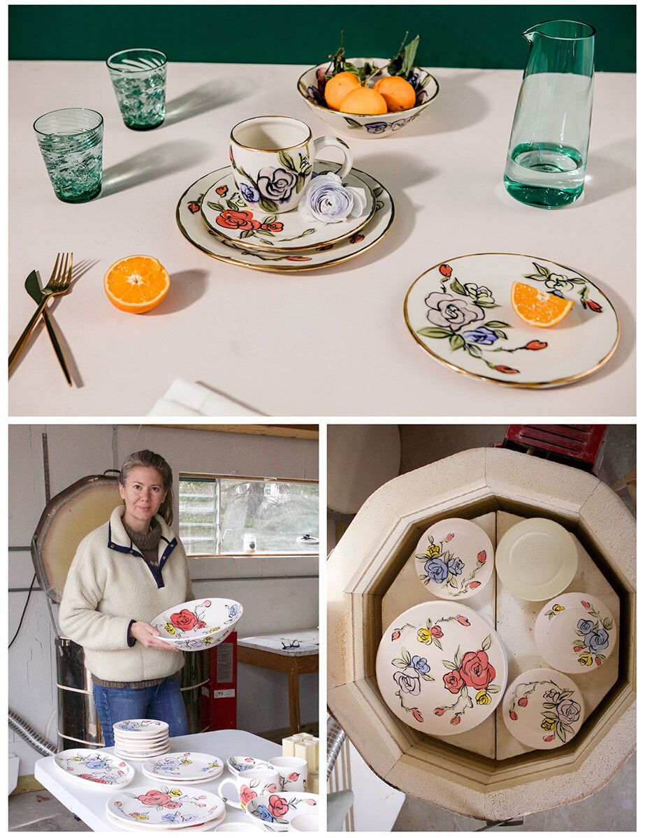 A collage of three images. Clockwise from top: Gilded dishes with a rose print; the dishes being made; the maker in their studio.
