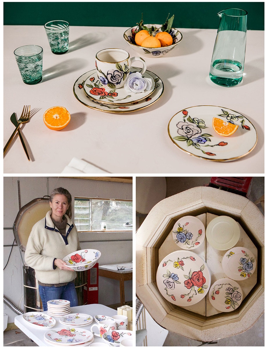 A collage of three images. Clockwise from top: Gilded dishes with a rose print; the dishes being made; the maker in their studio.