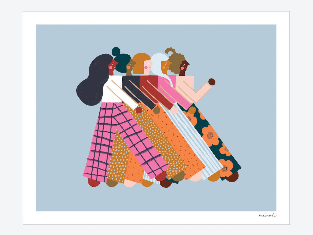 A colorful print of women marching from Meenal Patel Studio