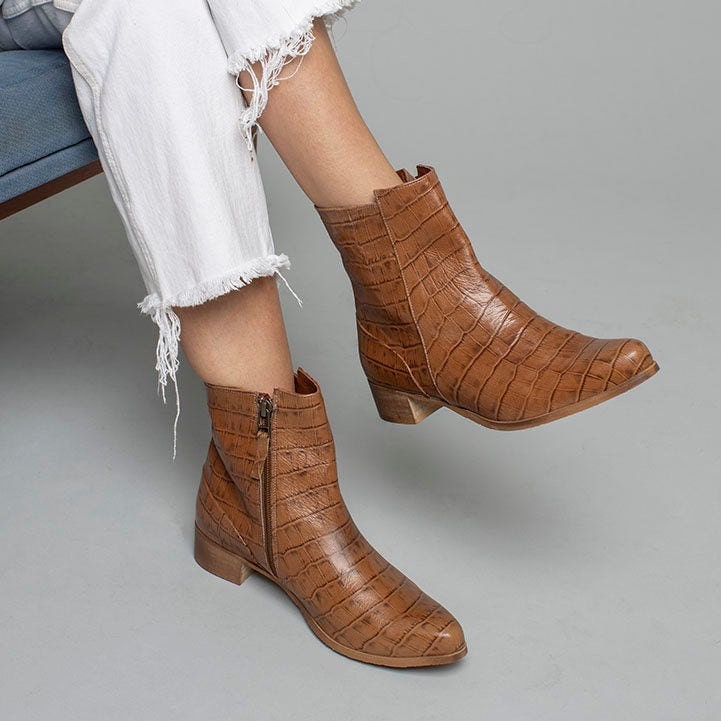 Brown animal-print leather boots from Katz and Birds