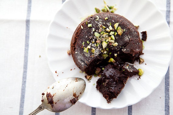 Molten Chocolate Cake with Pistachios and Maldon Salt
