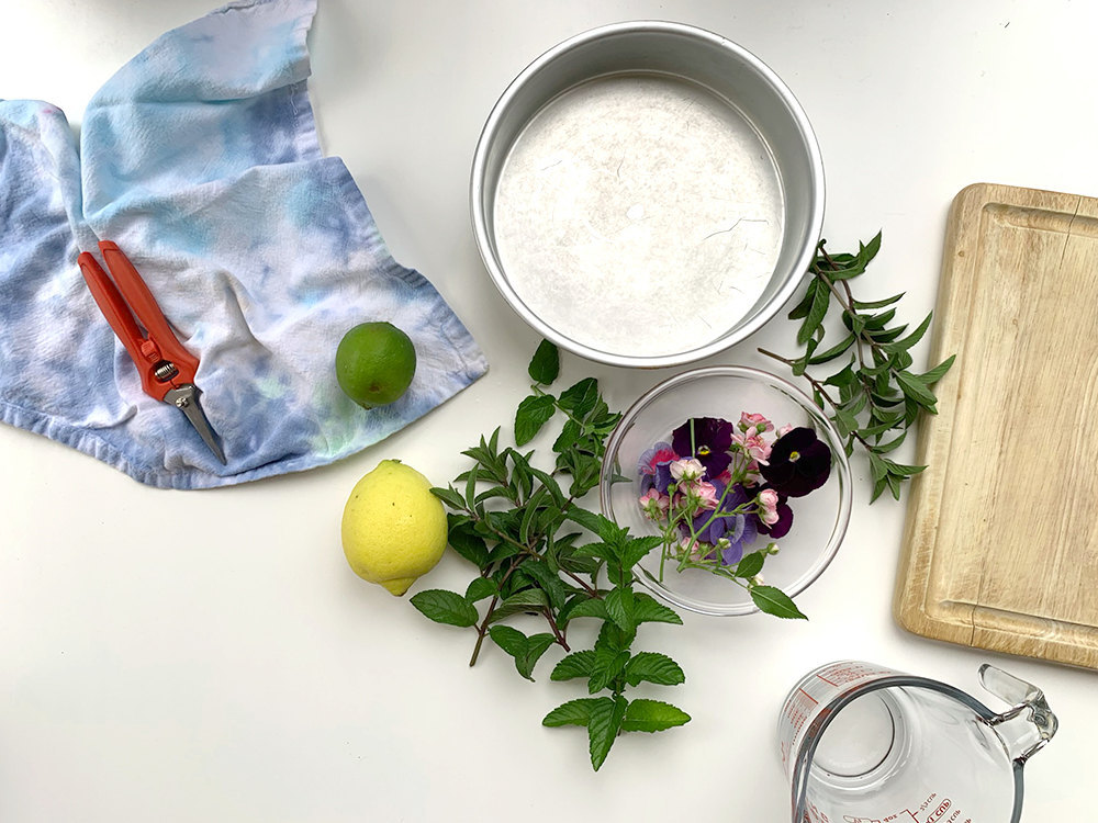 Flat lay of ingredients and materials needed to prepare the recipe.