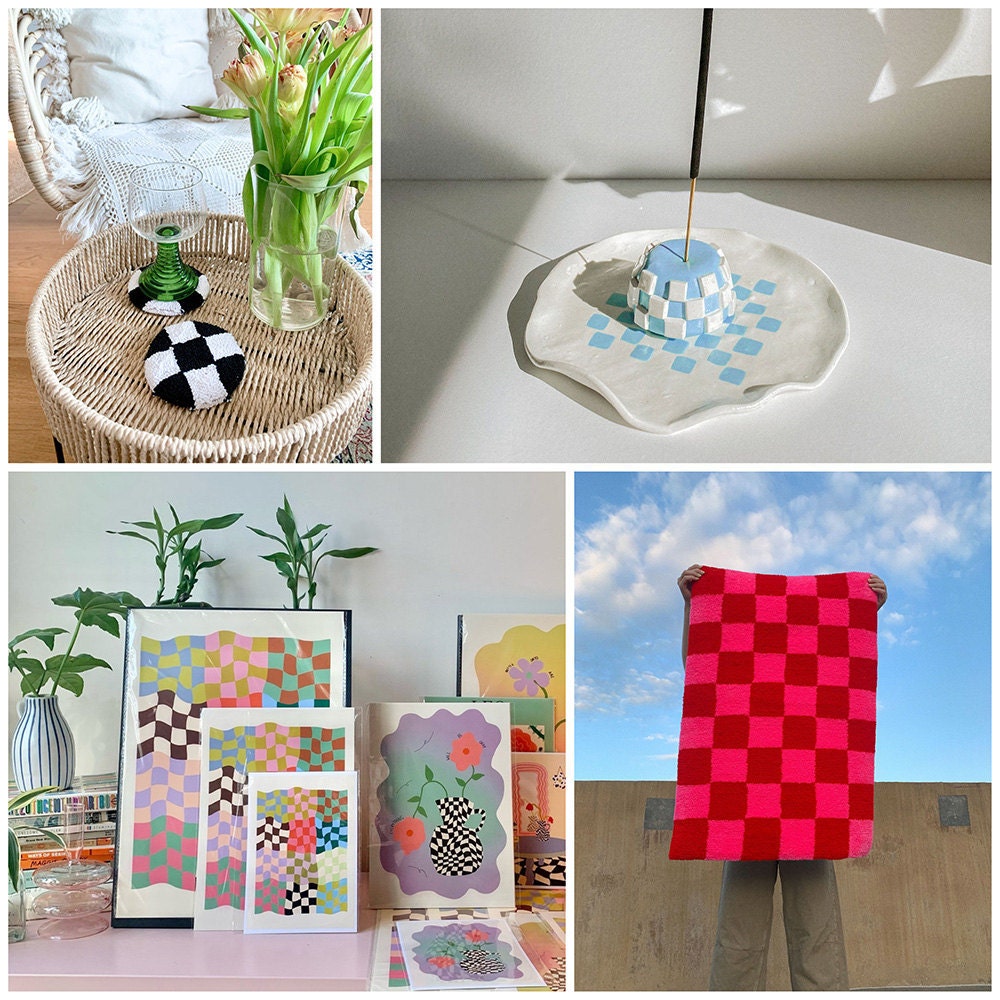 A collage of checkered-print home goods