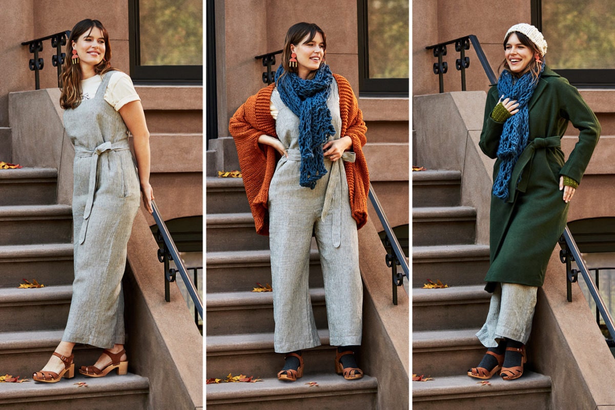 Three-image collage of a woman wearing an increasingly layered fall look