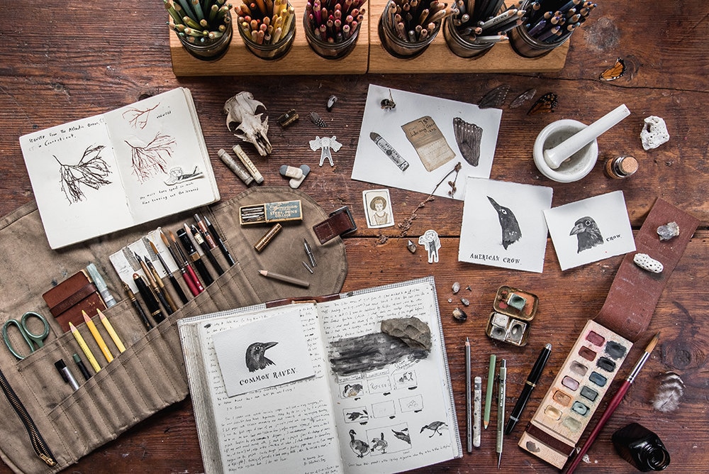 Materials and sketches in the Peg and Awl workshop