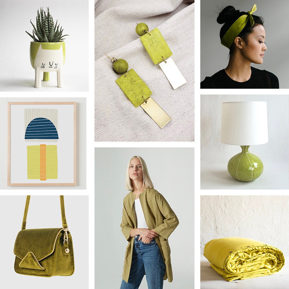 A collage of chartreuse items available on Etsy