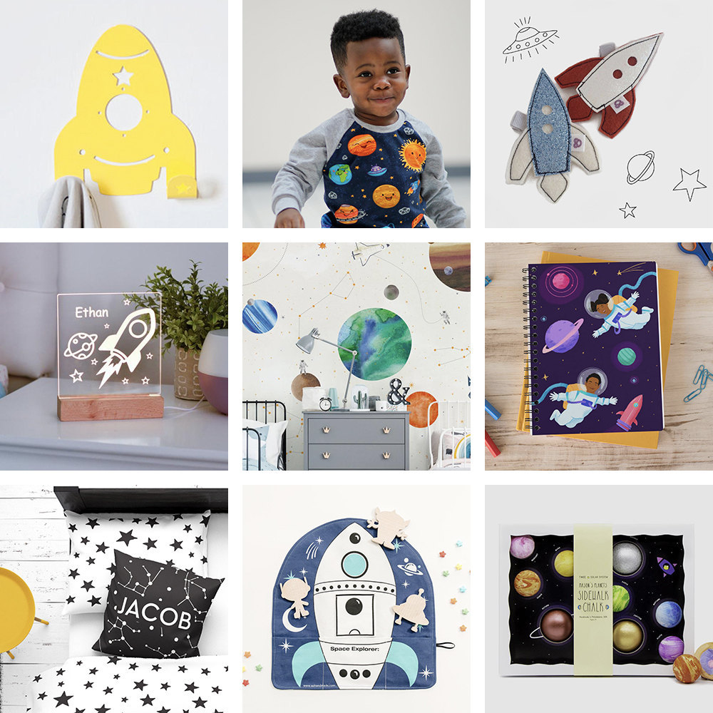 A collage of outer space themed items for kids available on Etsy