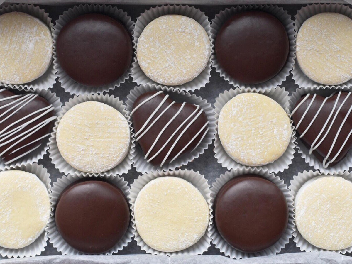 Coconut and chocolate cookies in crinkly packaging.