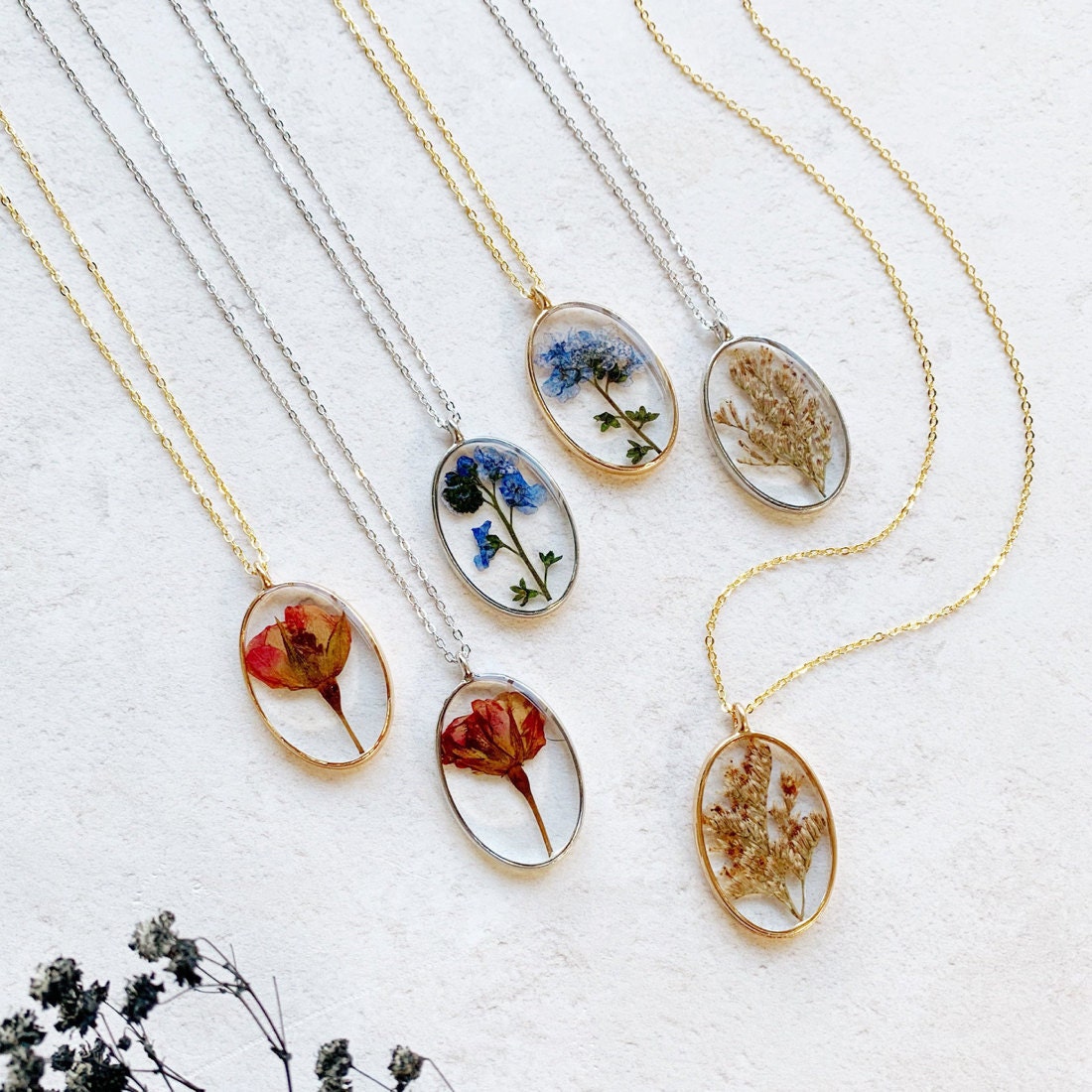 A collection of pressed-flower necklaces from Electric Eccentricity