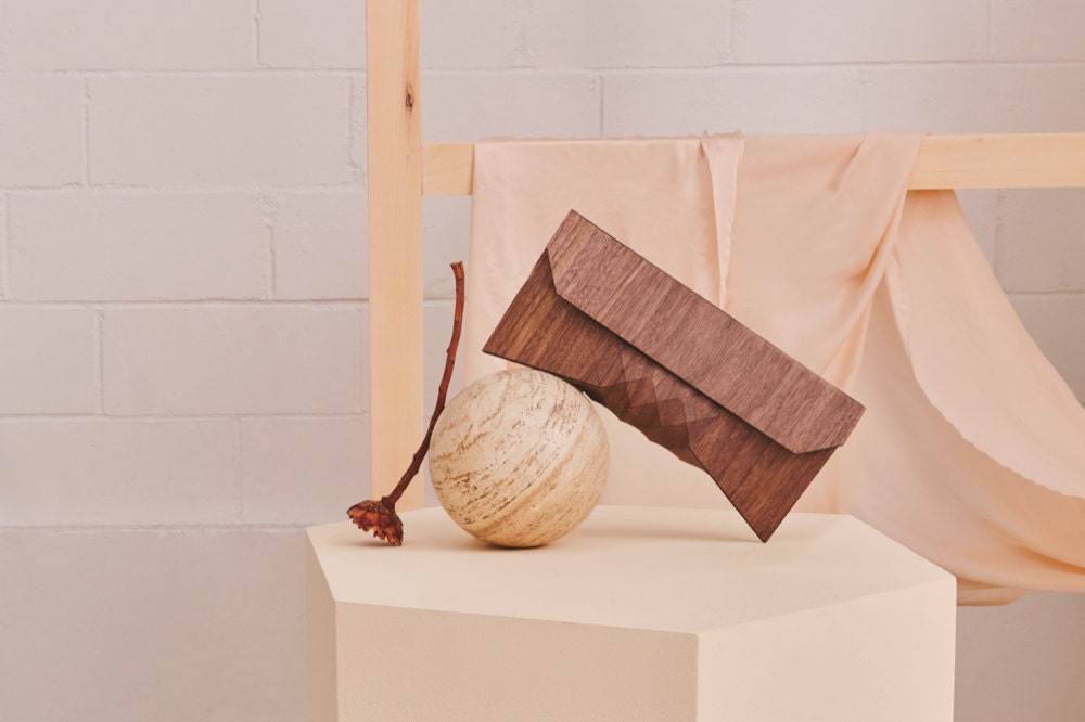 The Etsy Design Awards Bags, Shoes, & Accessories Winner: a geometric wooden clutch from Tesler + Mendelovitch