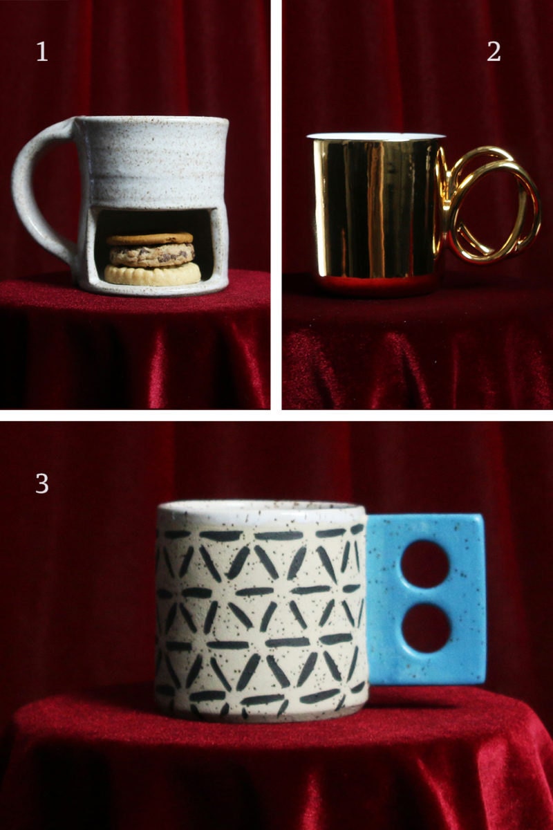 A collage of mugs for fire signs, including a mug with a cookie compartment for Sagittarius, a gold mug for Leo, and a creatively patterned mug for Aries.