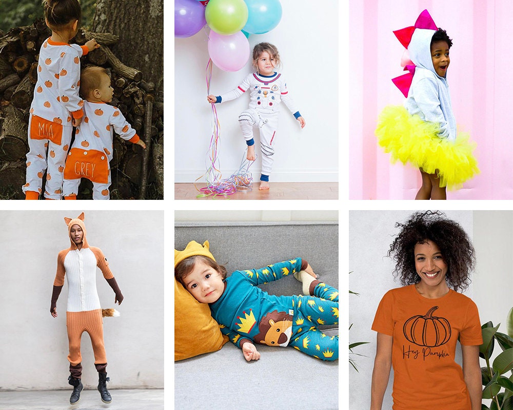 Collage of Halloween-themed loungewear from Etsy